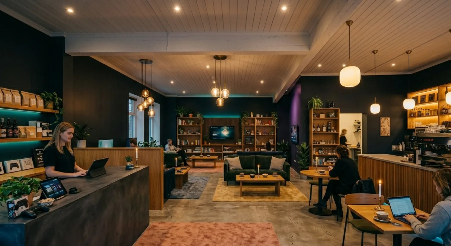 Konceptbild: lounge med spelplatser, soffor och fik i varmt ljus