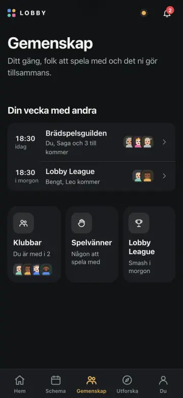 Skärmbild från appen: Gemenskap med veckans träffar