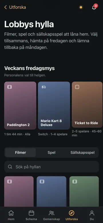 Skärmbild från appen: Lobbys hylla med veckans fredagsmys