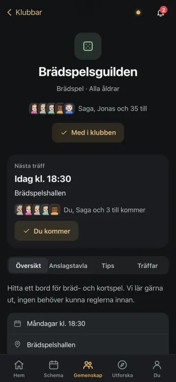 Skärmbild från appen: en klubbsida med nästa träff