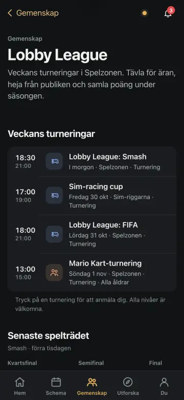 Skärmbild från appen: veckans turneringar