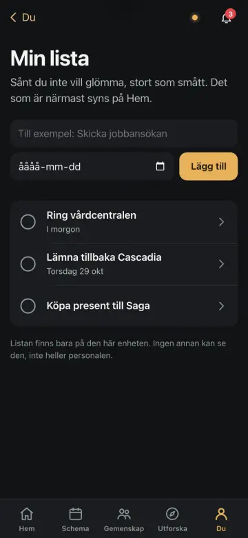 Skärmbild från appen: Min lista