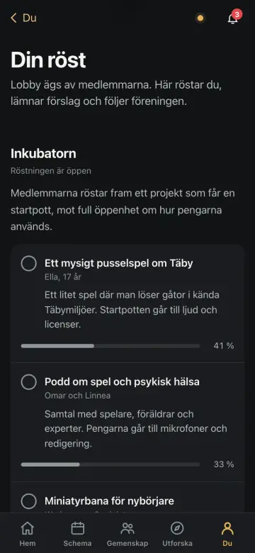 Skärmbild från appen: röstningen i Inkubatorn