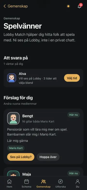 Skärmbild från appen: förslag på spelvänner