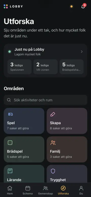 Skärmbild från appen: Utforska med lediga platser just nu